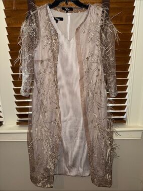 2pc Sheath Dress & Embellished Feather-Trim Sheer Dress Coat US 6/UK 10 wedding